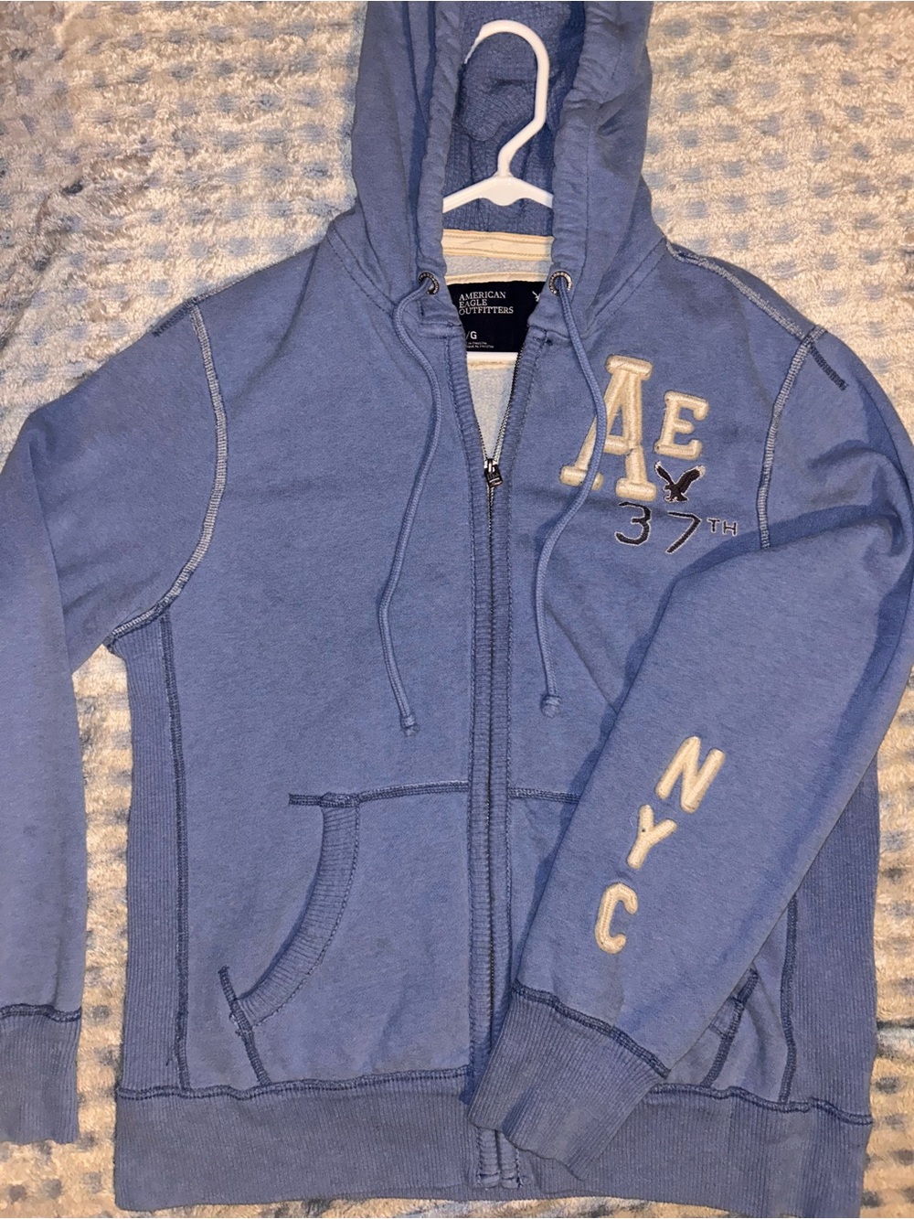 American Eagle Outfitters Light Blue Zip-Up Hoodie with AE NYC Embroidery